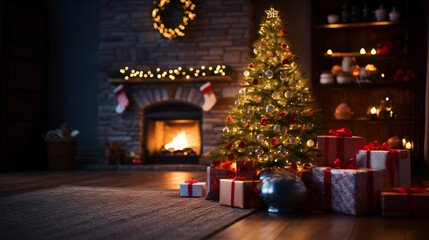 a Christmas tree in front of the fireplacee, dessert, Generative Ai