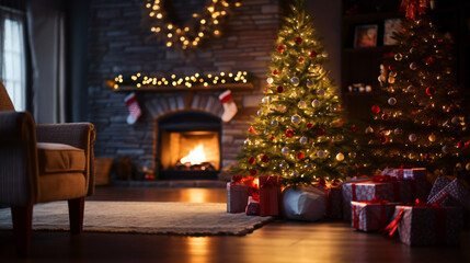 Fototapeta na wymiar a Christmas tree in front of the fireplacee, dessert, Generative Ai