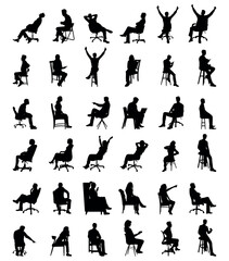 Collection of vector illustrations of silhouettes of men and women sitting on chairs