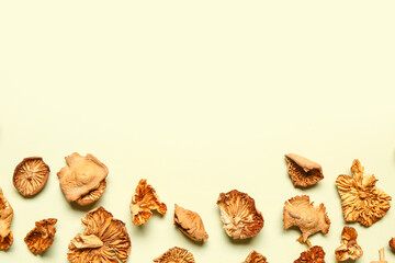 Tasty dried mushrooms on green background