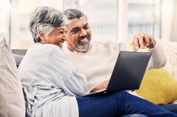 Senior, laptop or happy couple streaming comedy videos on tablet in retirement at home together....