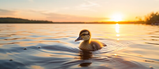 A solo young duckling peacefully gliding on the serene waters of Daugava river during the evening sunset