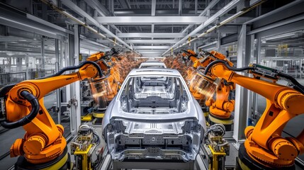 a car assembly line in a factory, where robotic arms are welding a white car body, showcasing modern industrial automation. Sparks fly in this high-tech, futuristic scene of vehicle manufacturing.