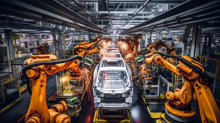 Fotobehang an assembly line in a factory where robots are welding a car body. The scene captures the precision and efficiency of modern industrial automation.close up © พงศ์พล วันดี