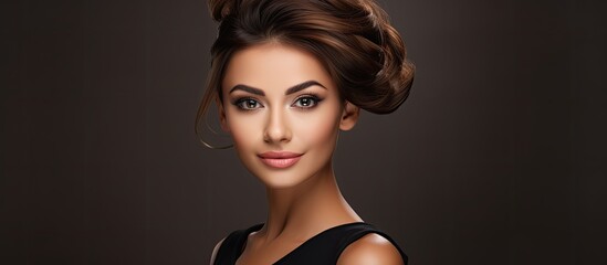 A studio with an appealing girl who has a stunning hairstyle and makeup