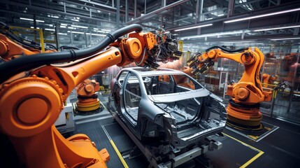 portrays an industrial robot arm in a factory, meticulously working on a car body. The scene encapsulates the precision of modern automation technology in car manufacturing.close up
