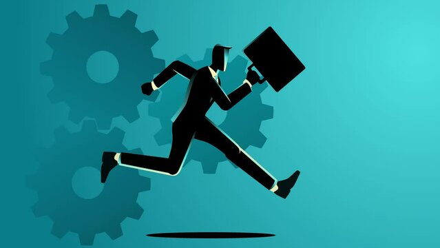 Businessman running with a briefcase, while cogwheels form the backdrop. Symbolizes the fast-paced, mechanized world of business, corporate dynamism, innovation, and the pursuit of success