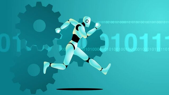 Robot in motion, set against a backdrop of spinning cogwheels and binary code, represents the rapid pace of AI learning and its quest to attain human insights