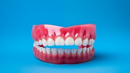 Fototapeta premium A Set of Dentures. Dental Prosthesis Isolated on Blue. Perfect for Dental Health and Dentistry Concepts.