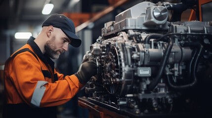 a worker in an orange uniform, inspecting an engine in a factory. The worker is using a tool and is surrounded by machinery.close up