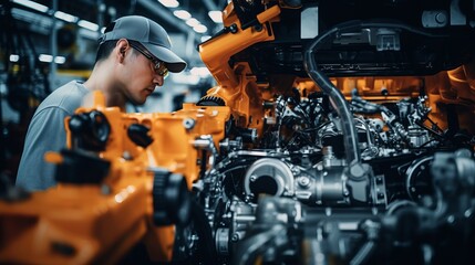 a factory worker in a gray shirt and blue cap, working on a car engine with the help of a yellow and orange robotic arm in an industrial setting.close up
