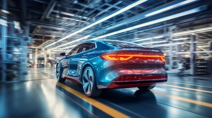 Obraz premium a blue car in a futuristic factory, showcasing speed, technology, and modern design. The car is in motion, indicating advanced automation and engineering.close up