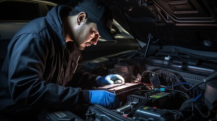 A mechanic works on a car engine in a garage, using tools and skills to repair and maintain the vehicle.close up - obrazy, fototapety, plakaty