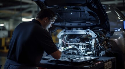 A technician using a computer to calibrate and program the electronic systems of a newly manufactured vehicle.Automotive manufactoring - obrazy, fototapety, plakaty