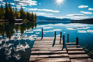 A close-up of a rustic wooden pier extending over a crystal clear lake, the reflection of the sky on the water's surface