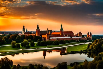 A panoramic view of the Wawel Castle in Krakow, Poland, set against a vibrant sunset sky, with the Vistula River gently flowing by, exuding a sense of historical grandeur and cultural significance