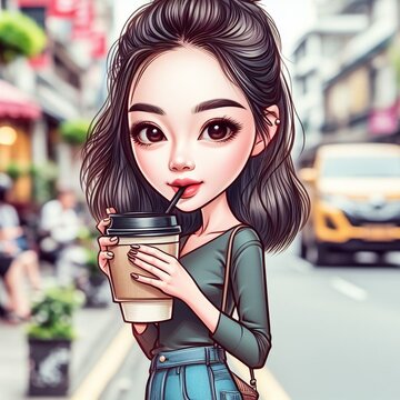 A caricature of a beautiful lady drinking coffee