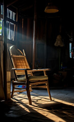 Fototapeta na wymiar a black chair with bright sunlight shining towards it, in the style of rural life depictions