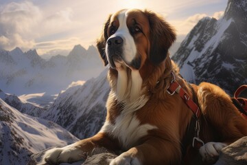Rescue dog in the mountains AI - obrazy, fototapety, plakaty