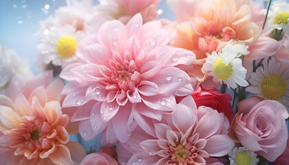 Pastel flower bouquet with dewdrops