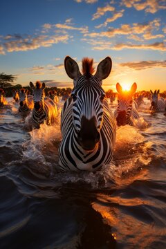 Group of zebras crossing a river on their migration, Generative AI