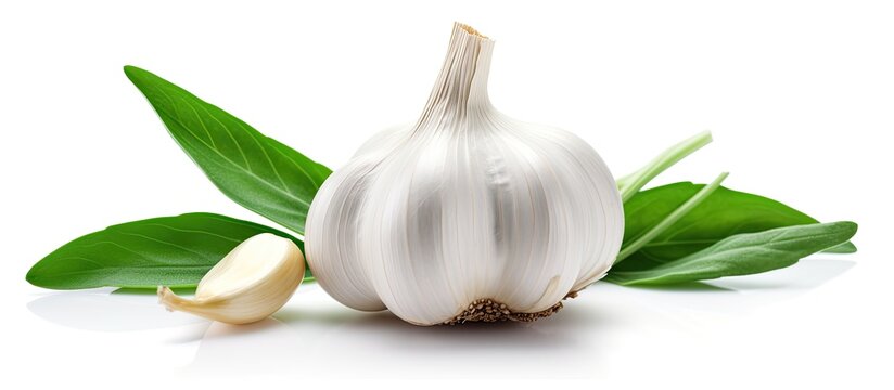 A single garlic clove with its green leaf separated from the background and features a clipping path Superior retouching has been done to enhance the overall quality