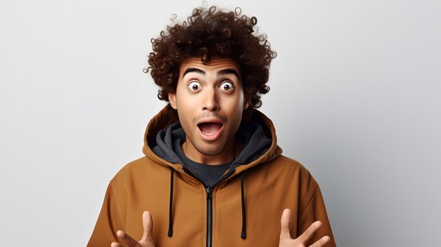 Hyperbole. Studio portrait of a surprised young Indian man, with his eyes wide open in the center of the image, on a white background looking at the camera. Concept advertising image.