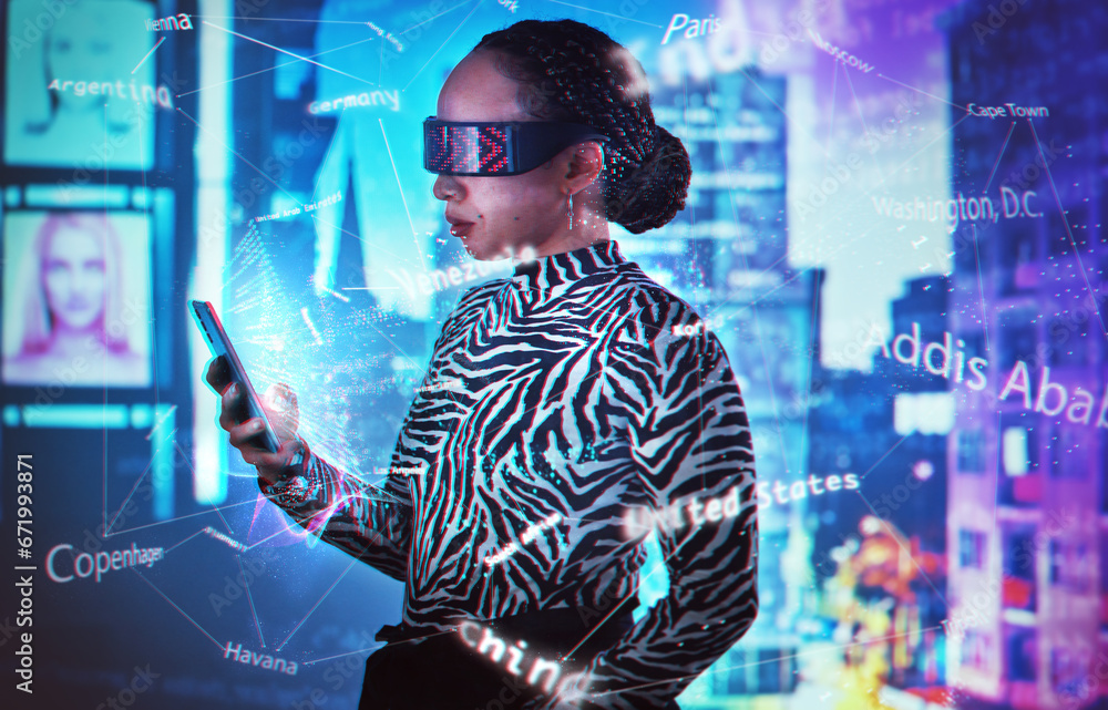 Poster metaverse, virtual reality glasses and woman with phone dashboard overlay for digital transformation
