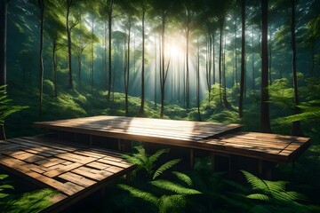 A wooden platform on the edge of a lush green forest, the sky breaking through the dense canopy