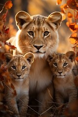 Lioness and her cubs in their natural habitat, Generative AI