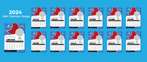 Modern Vector 2024 wall calendar Design template, week starts Monday, set of 12 months, 12 pages