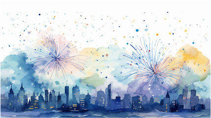 Watercolor fireworks over city skylines during New Year's celebration background design