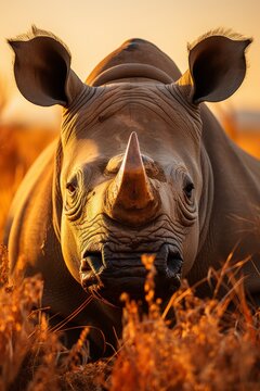Rhinoceros grazing in the golden light of dawn, Generative AI