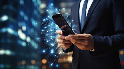 Businessman using mobile smart phone. Business global internet connection application technology and digital marketing, Financial and banking, Digital link tech, big data. - obrazy, fototapety, plakaty
