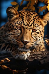 Obraz premium Striking leopard resting on a tree branch, Generative AI