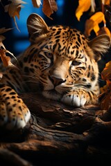 Naklejka premium Striking leopard resting on a tree branch, Generative AI