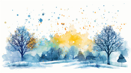 Watercolor winter forest landscape with trees background design