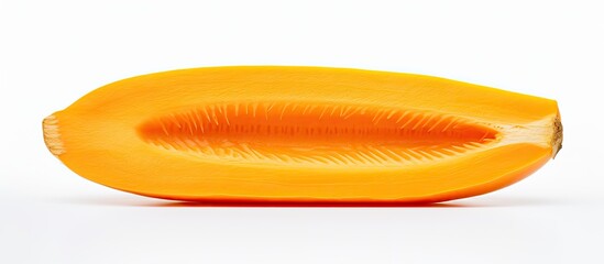 A white background isolates a longitudinal cut of a raw carrot revealing its vibrant orange color - obrazy, fototapety, plakaty