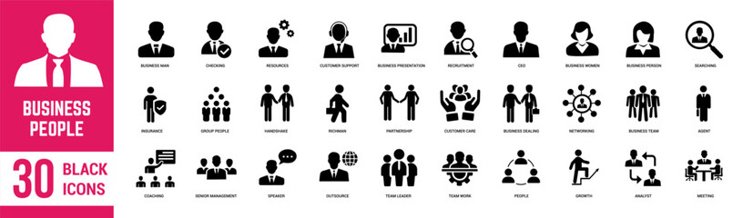 Business People solid black icons set. Business people, customer support, human resources, ceo, handshake, richman, partnership, meeting, business dealing and business team. Vector illustration