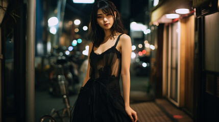 An Asian woman in a party dress on a street