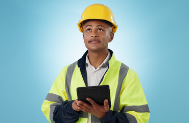 Engineering, man and tablet for inspection, thinking of renovation or project management on blue background. Construction worker with architecture survey, looking up and digital technology in studio