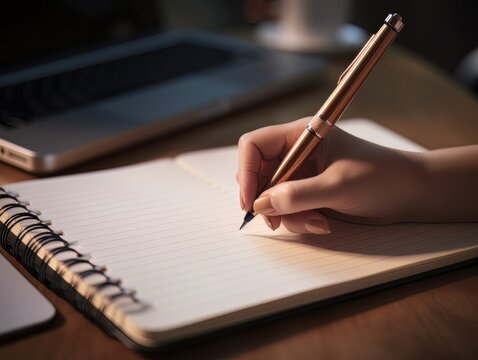 Hand holding a pen and writing in a blank notepad on a wooden table AI