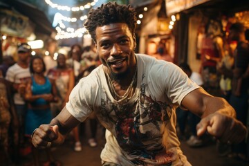 Fototapeta na wymiar Capoeira street performance in a Brazilian market, Generative AI