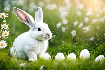  adorable white easter bunny baby in springtime meadow,adorable white easter bunny baby in springtime meadow