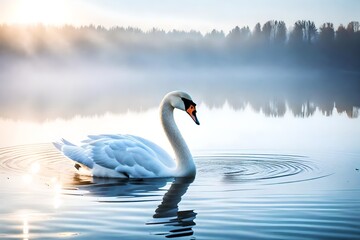  White swan in the foggy lake at the dawn. Morning lights. Romantic background. Beautiful swan. Cygnus. Romance of white swan with clear beautiful landscape