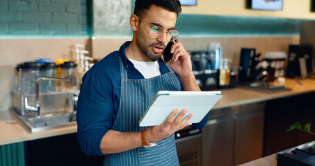 Waiter, phone call and tablet for restaurant communication, online management or customer service...