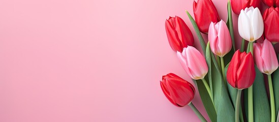 A combination of pink tulips and multiple red tulips - Powered by Adobe