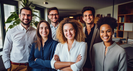 The high-achieving business team celebrates their success in a well-lit environment, arranged by department for a group photo. Generative AI.