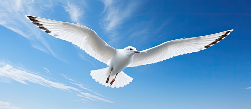 A seagull colored white soaring freely above the clear blue heavens