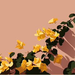 Yellow bougainvillea flowers against rustic peach color wall under morning light.